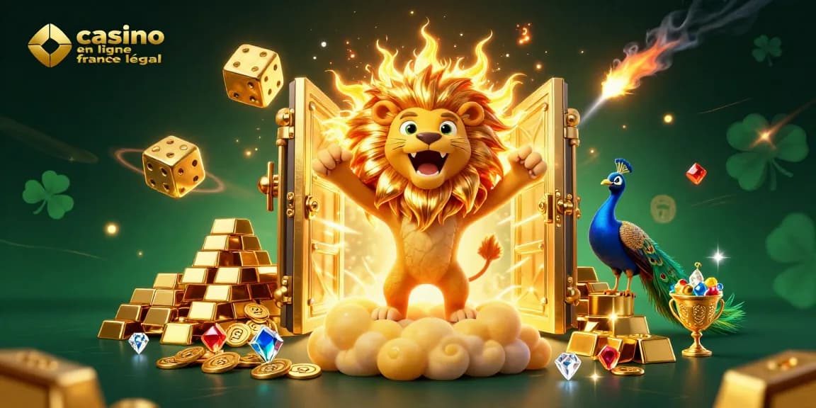 Gagnez avec le casino en ligne légal en France dans une superbe scène de jeu dynamique remplie d'or et de jeux.