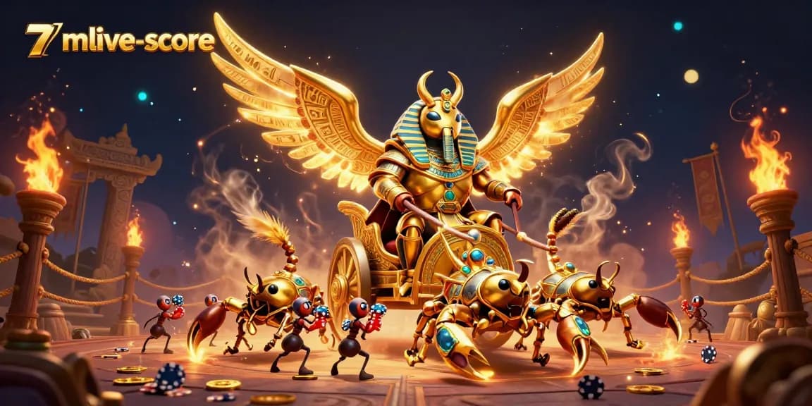 Engage in thrilling action with 7mlive-score featuring a scarab beetle and poker chip soldiers.