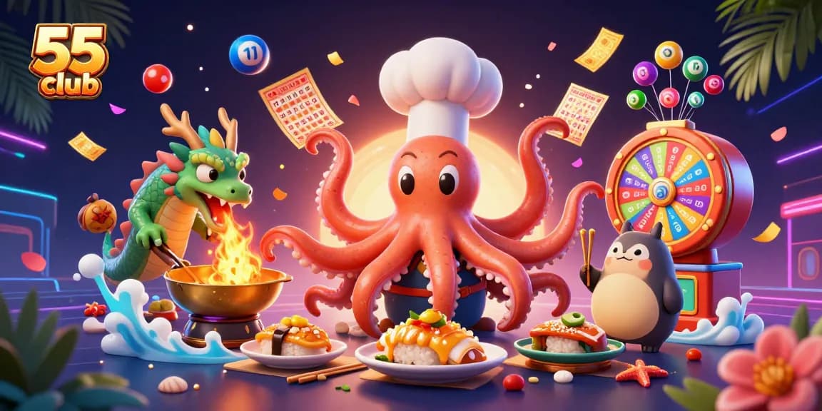 Win big at 55club with vibrant elements from this exciting gambling scene featuring animated characters and lottery games.