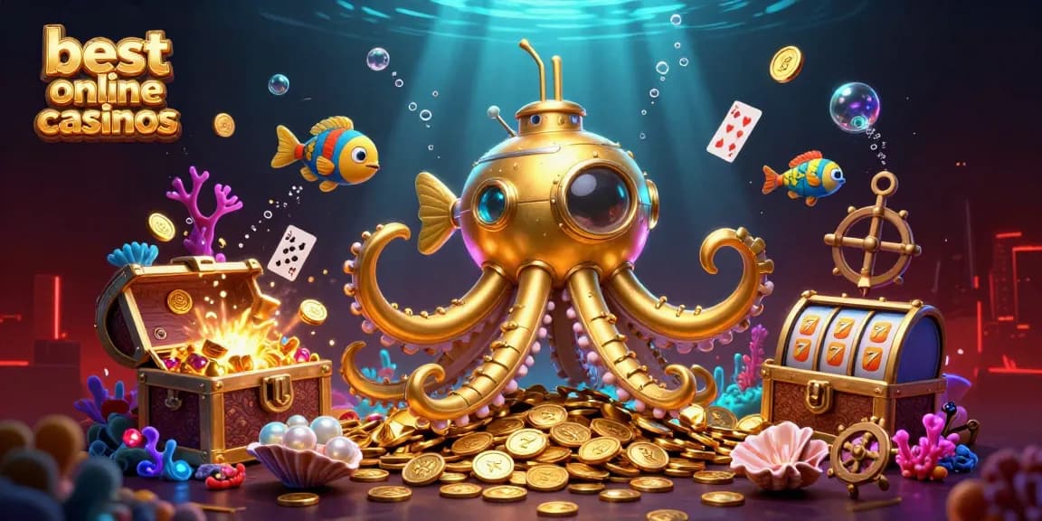 Experience the best online casinos with a vibrant 3D scene featuring a golden kraken submarine, slot reels, and treasure.