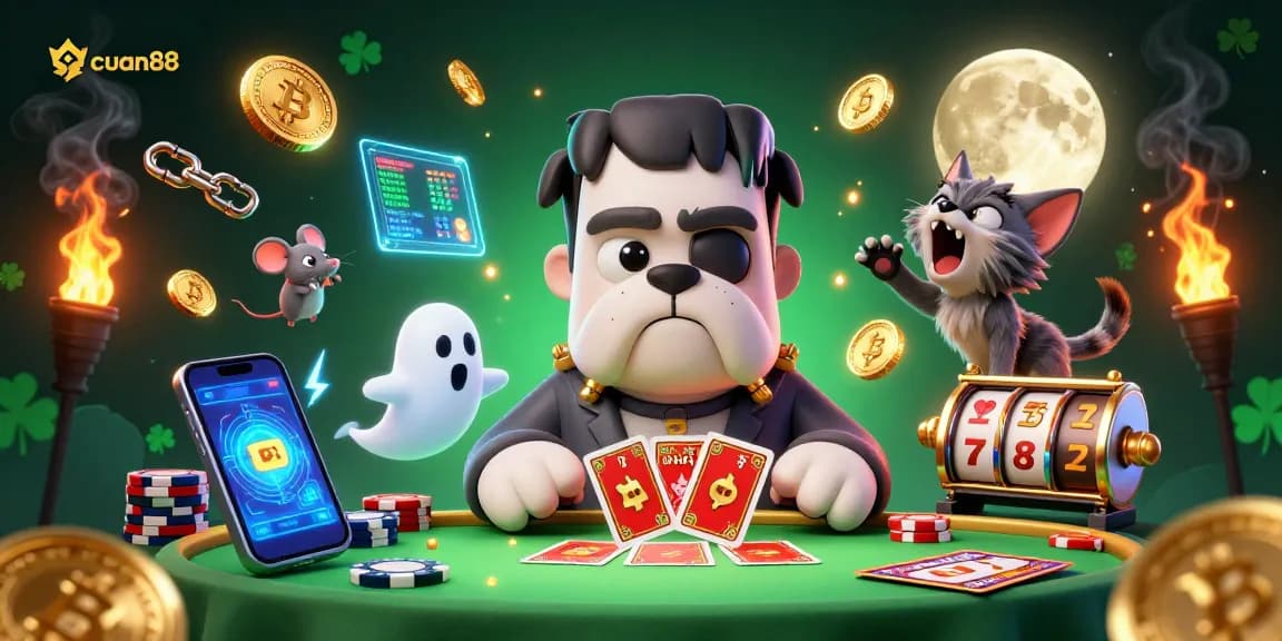 Experience thrilling gambling fun with cuan88 as the cartoon bulldog dealer entertains at a spooky table.