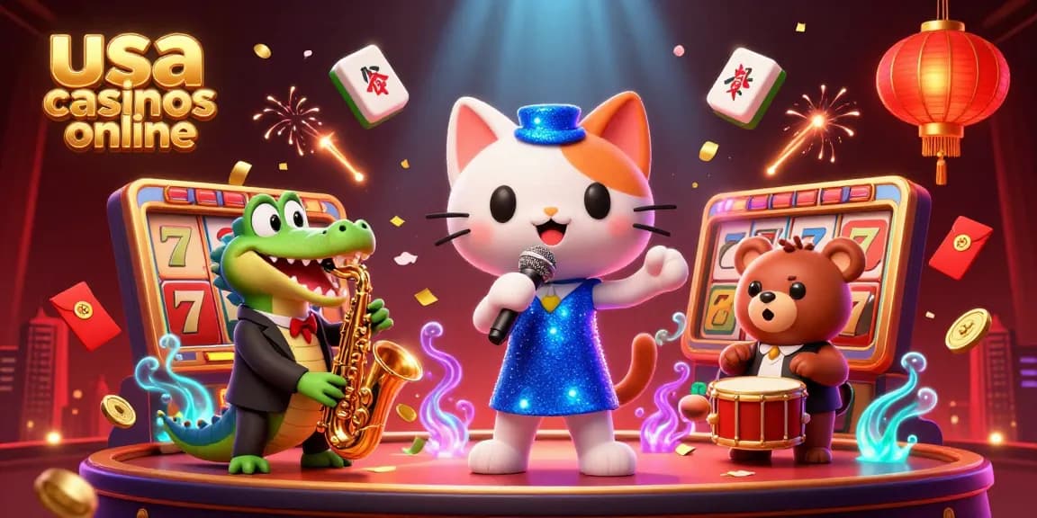 Enjoy the vibrant scene of usa casinos online featuring a jazz-singer cat, saxophone crocodile, and drum bear amidst casino symbols.