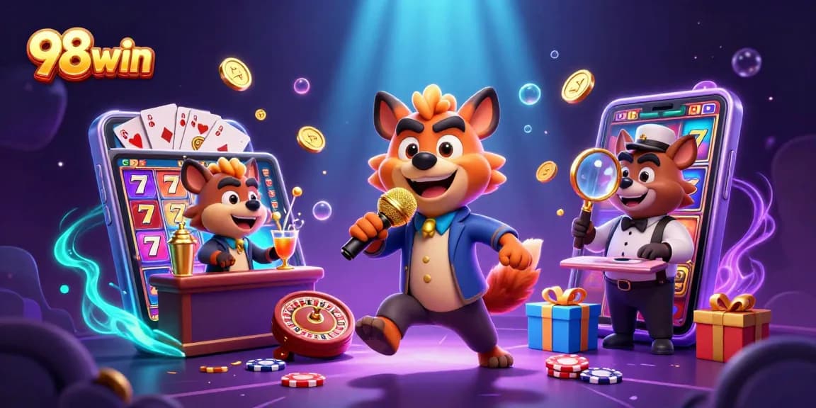 Experience the excitement of 98win casino with vibrant hyenas at a colorful comedy club, mixing drinks and checking IDs.