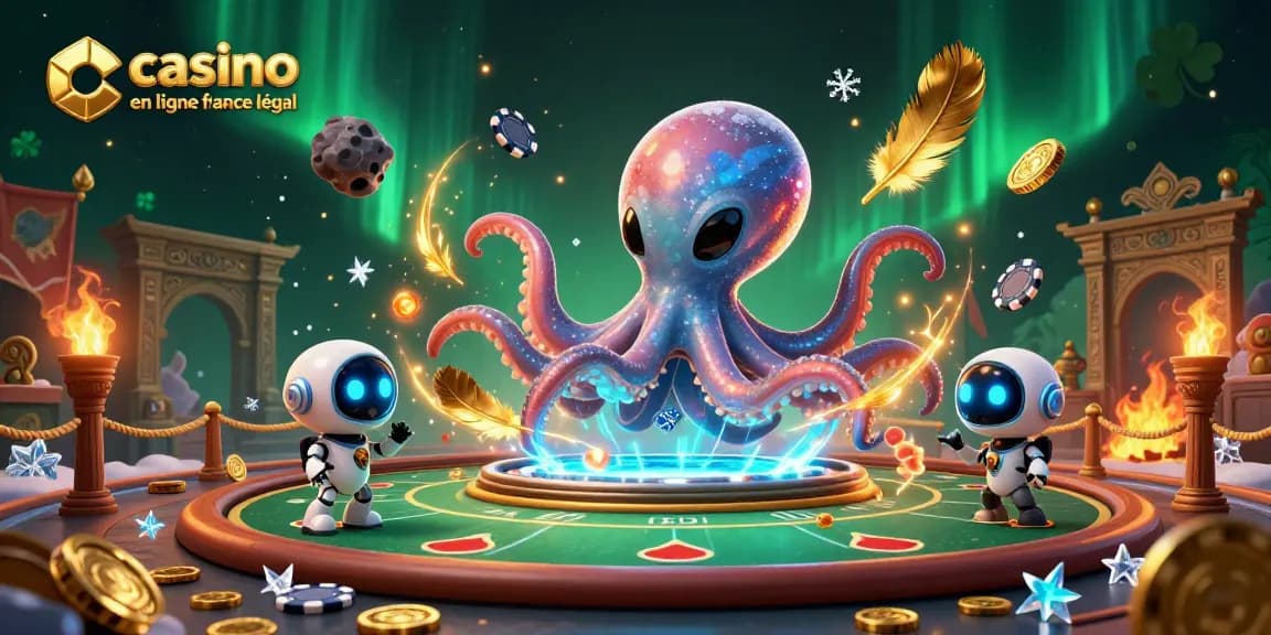 Jouez à casino en ligne France légal avec une scène d'illustration 3D captivante d'un octopus extraterrestre et de son robot.