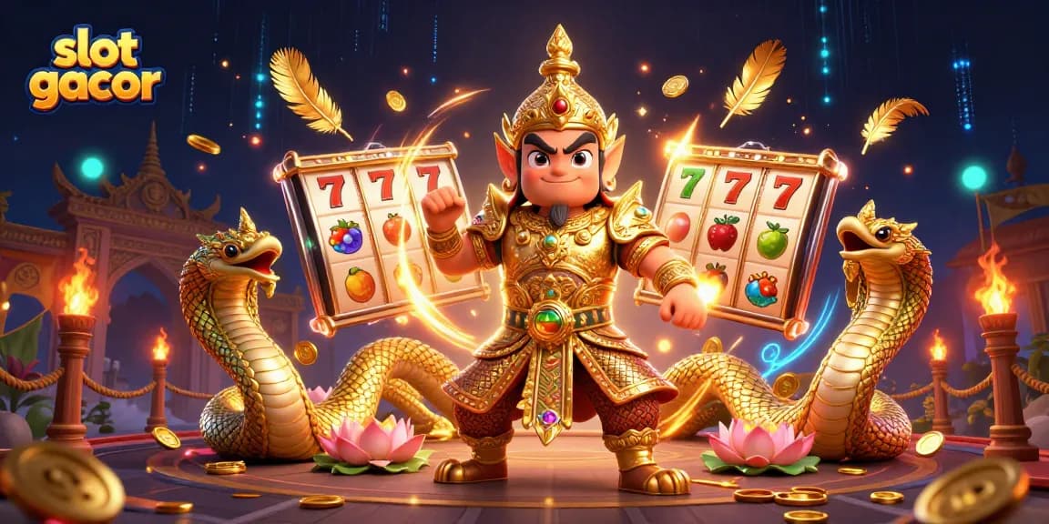 Experience thrilling slot gacor moments with our lively 3D illustration featuring game elements and temple guardians.