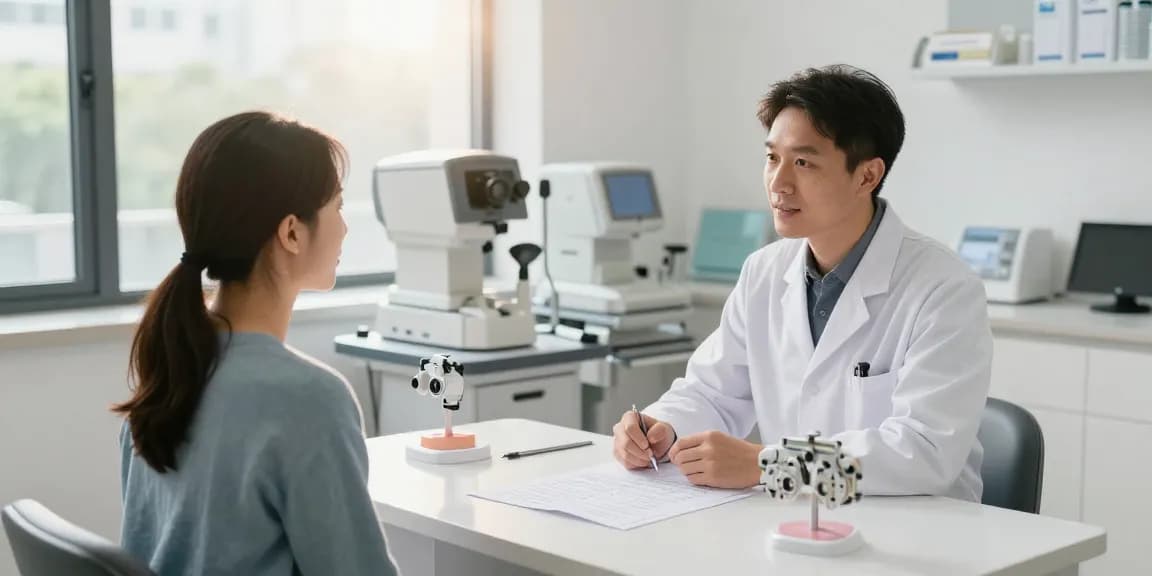 品川近視クリニックの口コミを求める患者が眼科医と相談しているシーン