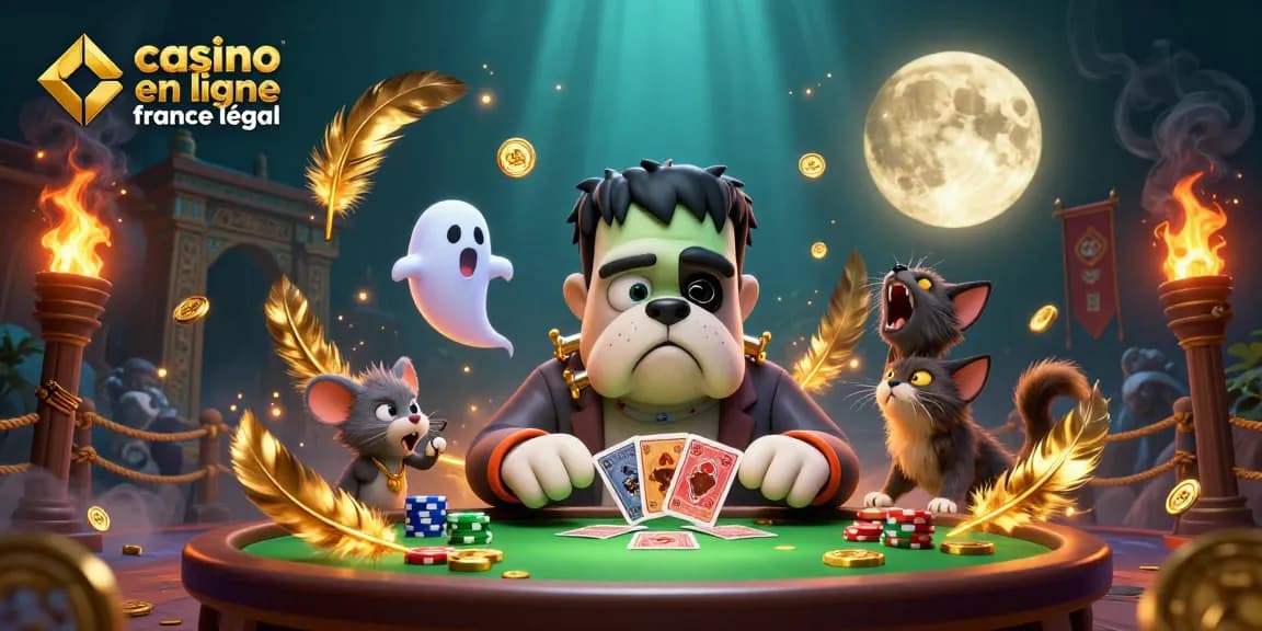 Jouer aux cartes avec le bulldog Frankenstein, dans un casino en ligne France légal, entouré de jetons et de feux d'artifice.