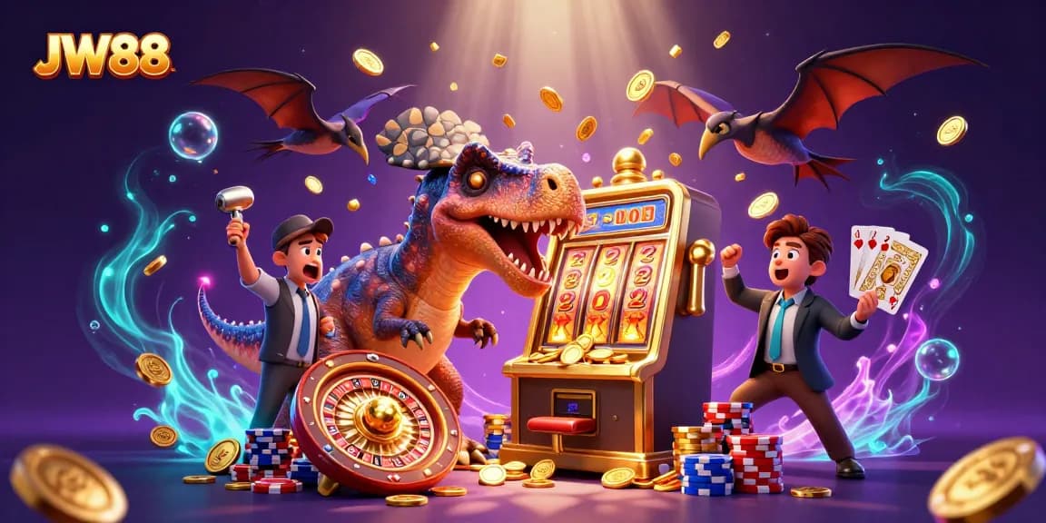 JW88 slots scene with a pachycephalosaurus hitting a slot machine as coins burst out.