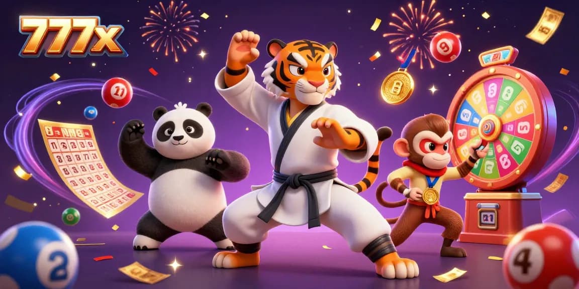 Engage with 777x in a vibrant 3D illustration featuring a kung fu tiger master and playful characters amidst colorful casino elements.