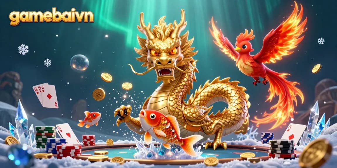 Experience poker excitement with gamebaivn's vibrant illustration featuring a golden dragon and red phoenix.