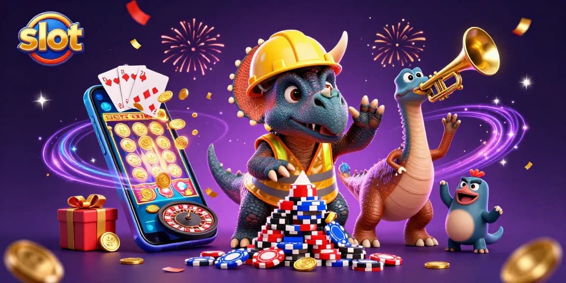 Spin and win at slot games with a joyful 3D triceratops adding excitement to the casino atmosphere.