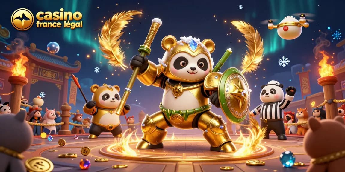 Illustration 3D présentant "casino en ligne france légal" avec des personnages animés dans une arène remplie d'éléments de jeu.