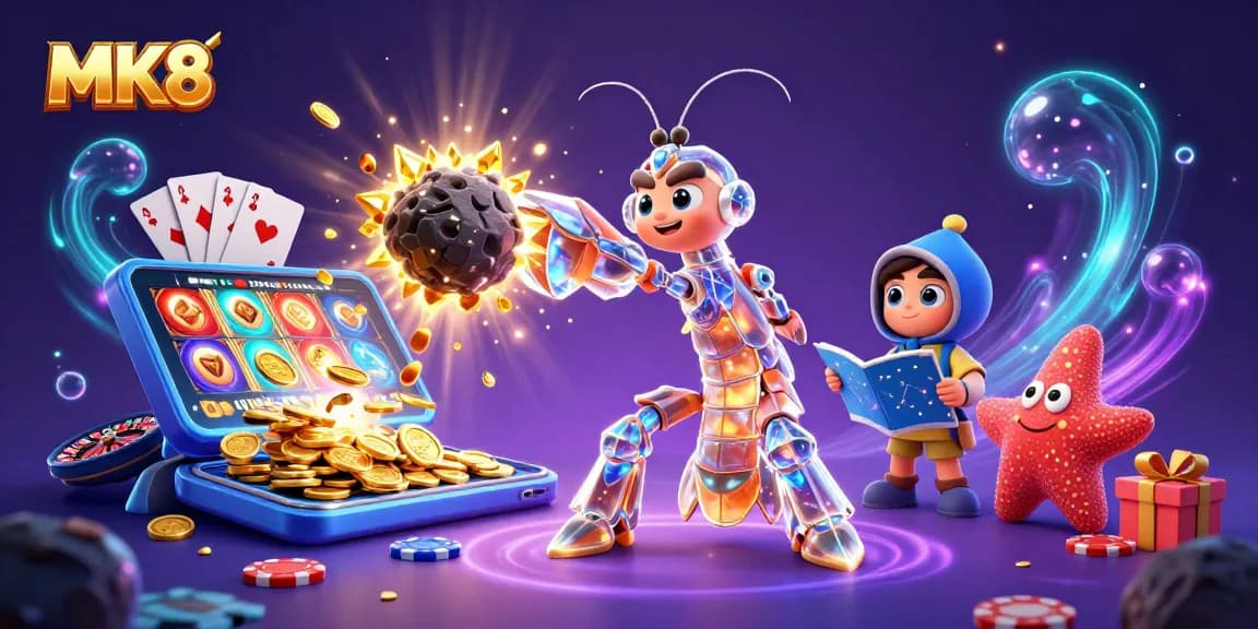 Experience the excitement of MK8 with a galactic samurai mantis shrimp exploding asteroids of gold in a vibrant casino scene