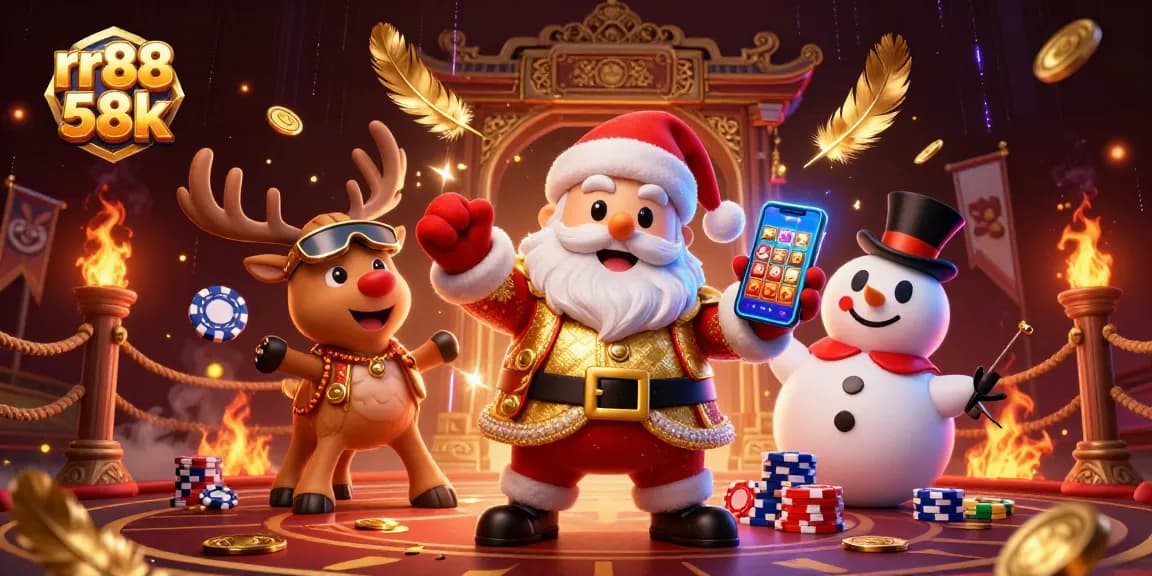 Join rr88 58k for a thrilling casino experience with Santa, reindeer, and a snowman amidst golden coins and vibrant gaming elements.