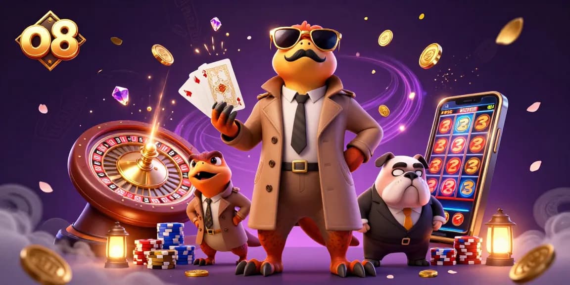 Experience play at O8 with three raptors in a trench coat entering a VIP casino, surrounded by vibrant gaming elements.
