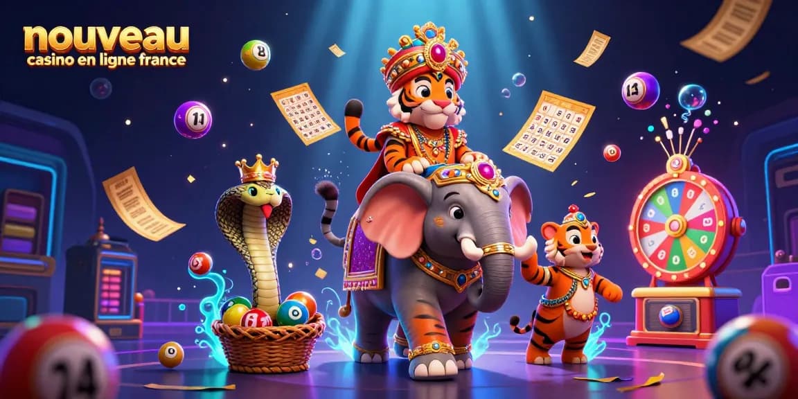 Illustration dynamique du nouveau casino en ligne France avec un tigre maharaja et des éléments de loterie.