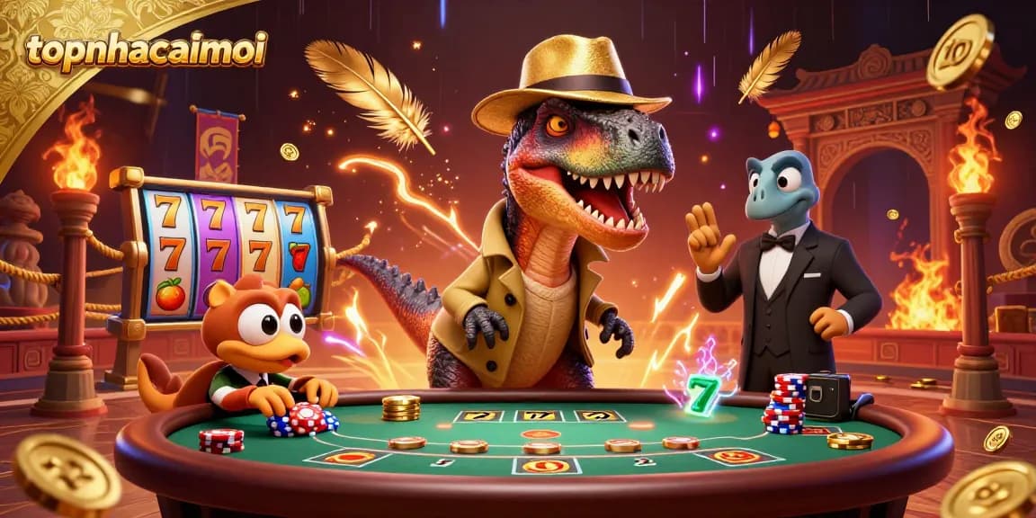 topnhacaimoi thrills at a blackjack table with cartoon velociraptor and stegosaurus, amidst vibrant gaming elements.