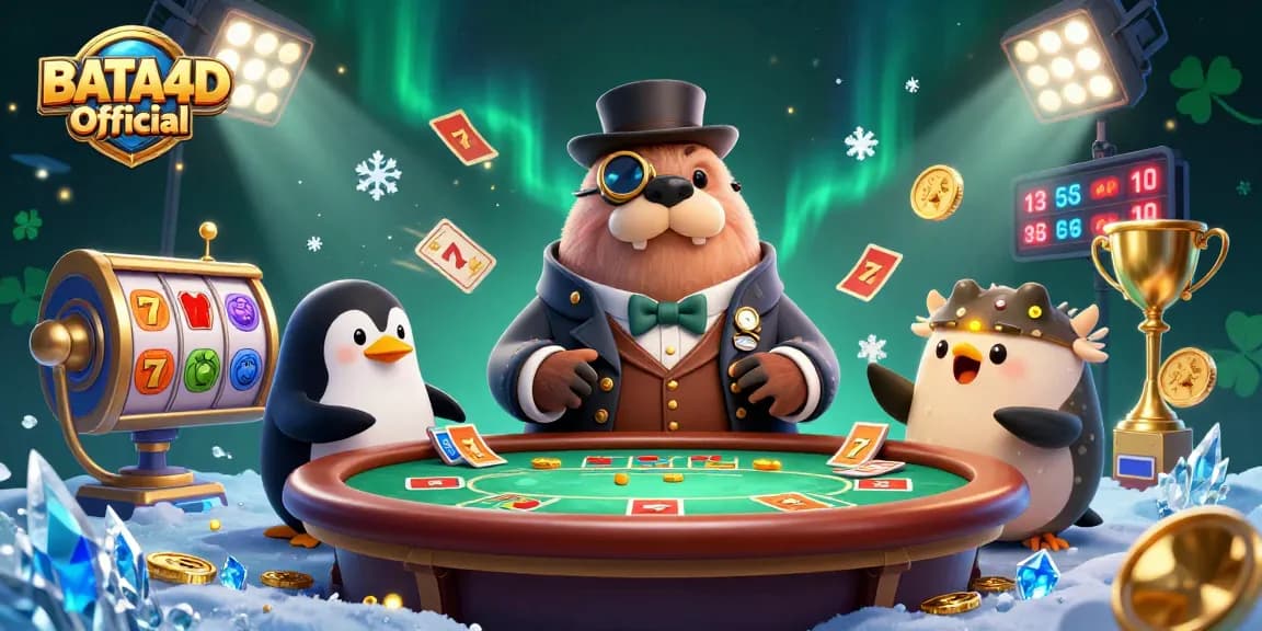 Experience the vibrant excitement at BATA4D Official with a jolly walrus and penguin dealer in a lively poker scene.