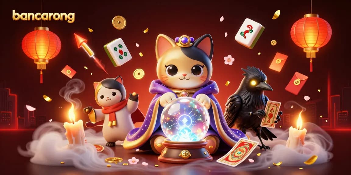Experience the magic of bancarong with a vibrant 3D casino scene featuring a fortune teller cat and mystical elements.