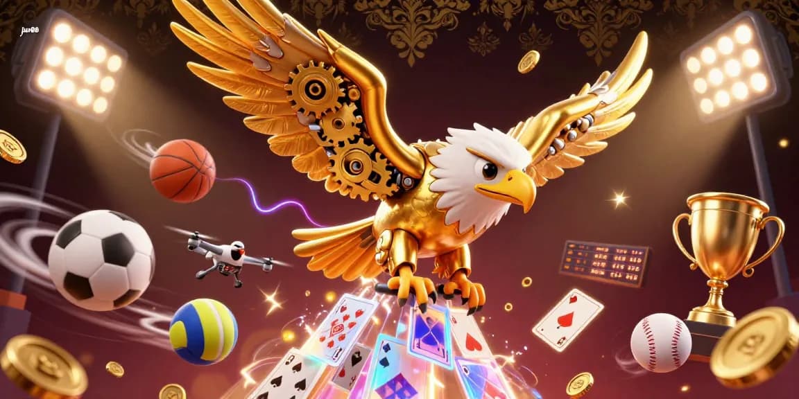 Experience thrilling sports action with jun88 as a cybernetic eagle interacts with dynamic gaming elements in a vibrant casino environment.