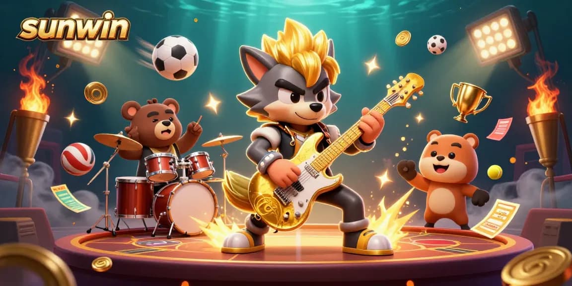 Experience exciting wins at sunwin with a vibrant 3D casino illustration featuring a cartoon rock star.