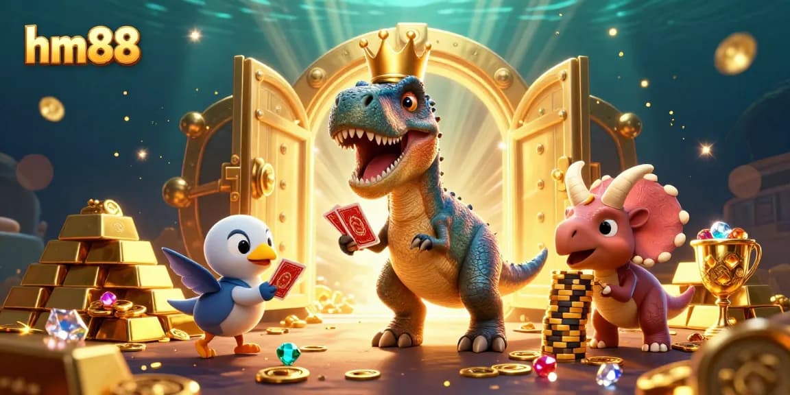Engage with exciting casino adventures at hm88, featuring a T-Rex shuffling cards and vibrant treasures.