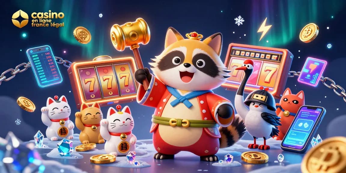 Plongez dans le monde du casino en ligne français légal avec des personnages colorés et des pièces de crypto.
