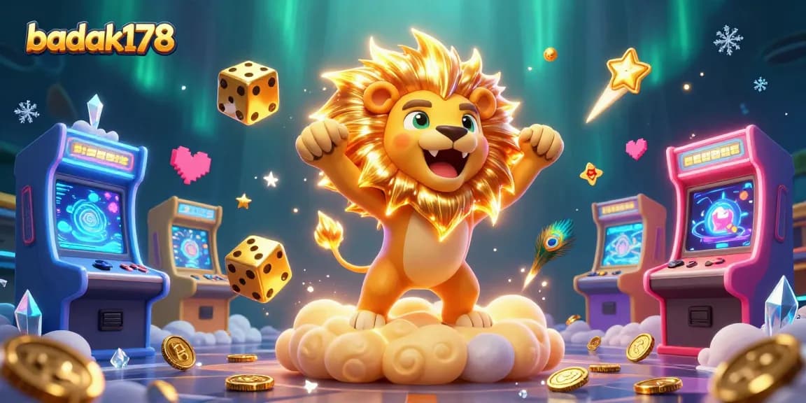 Experience the thrill of badak178 with our vibrant 3D casino scene featuring a roaring lion and dazzling game elements.