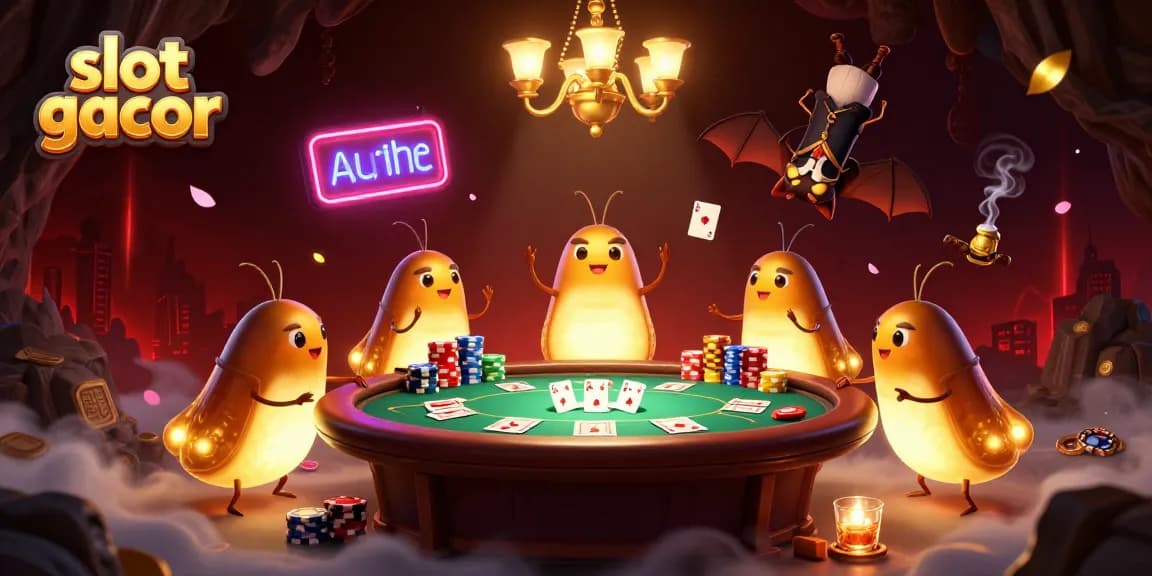 Engage in slot gacor excitement with glowworms lighting up a vibrant poker game scene.