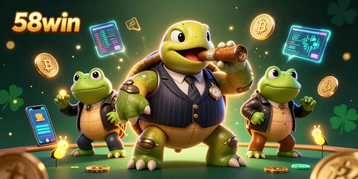 Play immersive 58win casino games with a massive turtle in a pinstripe suit and bullfrog enforcers in a vibrant scene.