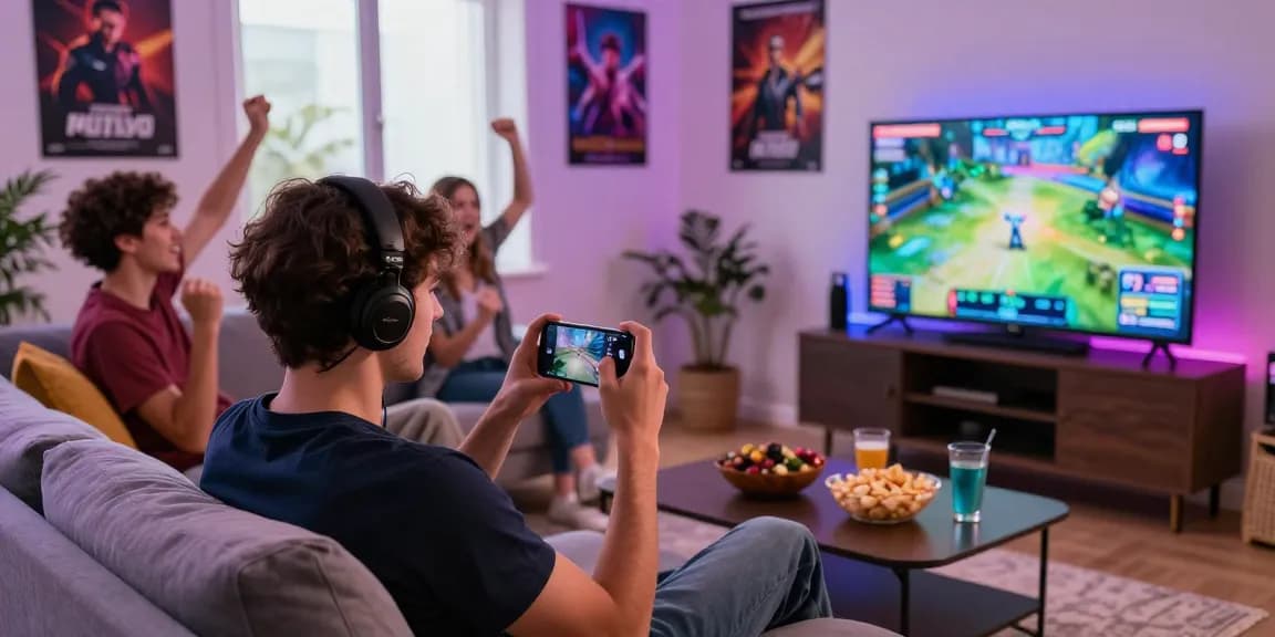 Engaging scene of a young adult using mantra88 login for competitive mobile gaming in a vibrant living room.