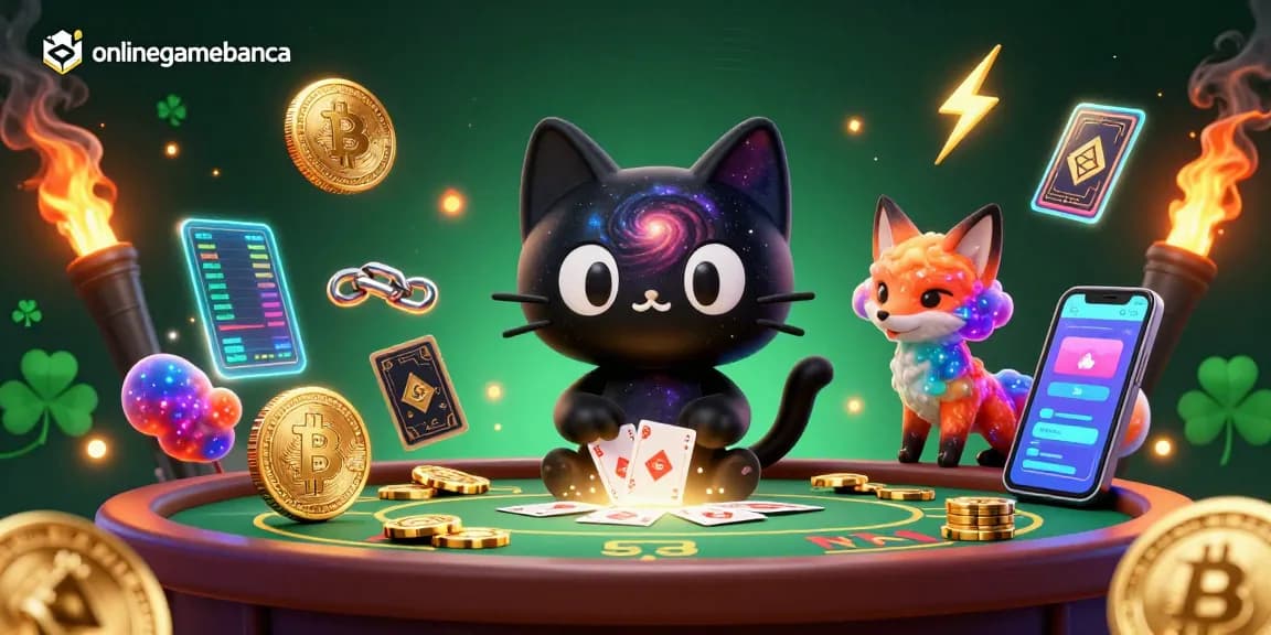 Engage with the cosmic casino scene featuring onlinegamebanca's whimsical black hole cat drawing in golden chips and cards.