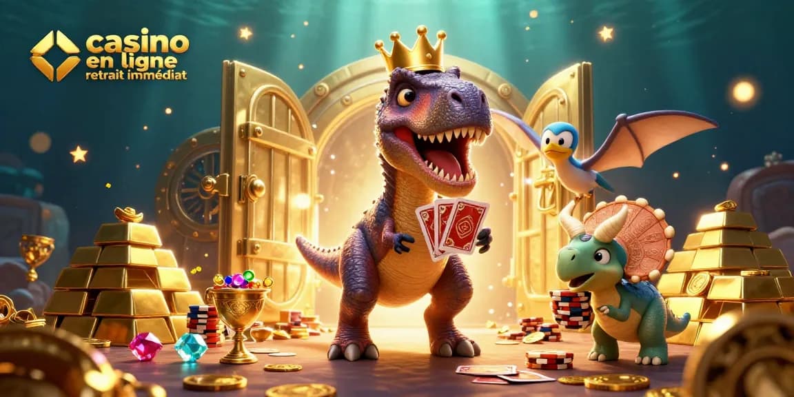 Casino en ligne retrait immédiat avec un T-Rex jouant aux cartes et des jetons dorés sur la table.