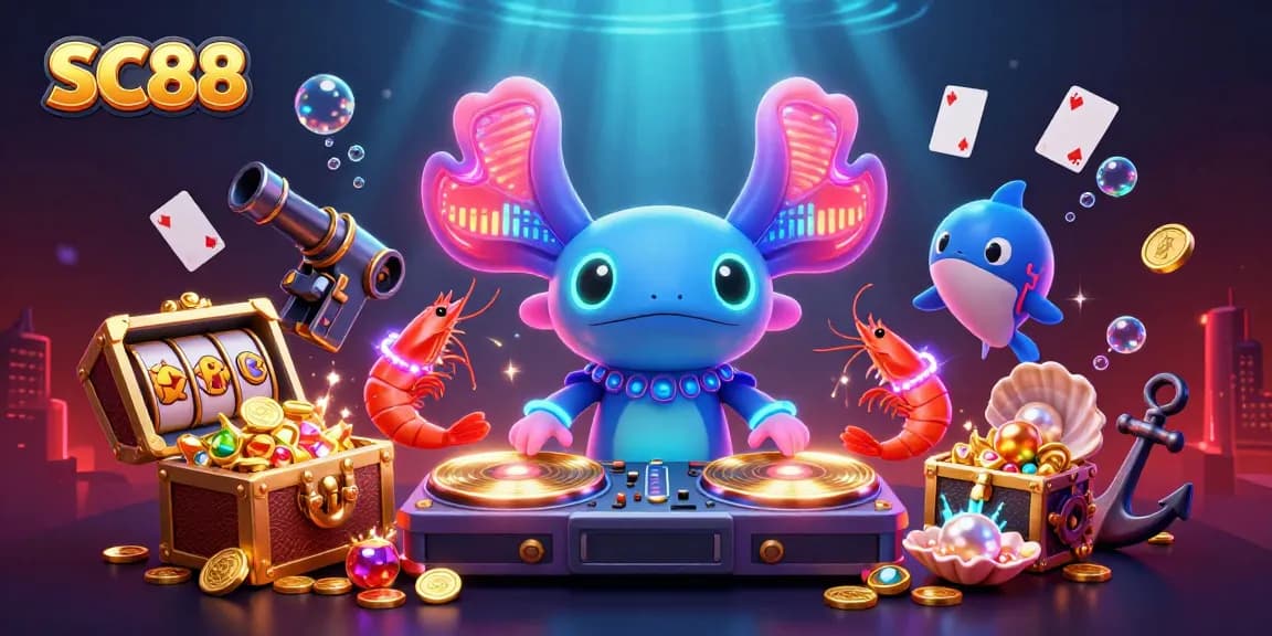 Experience thrilling wins with SC88 as a neon axolotl DJ spins at an underwater casino.