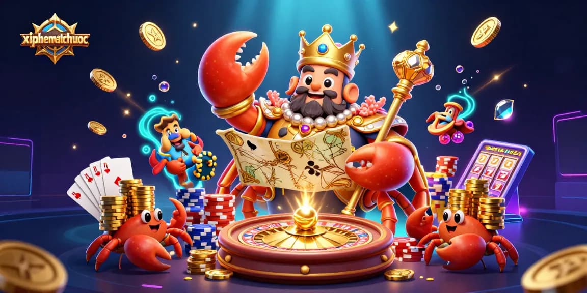 Experience thrilling matches in xiphematchuoc with a golden crab emperor amidst vibrant casino elements.