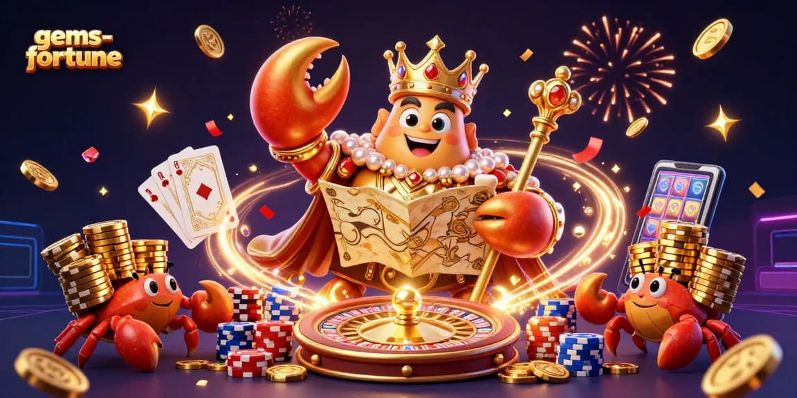 Experience the vibrant gems-fortune world with dynamic gaming elements and a golden crab emperor.