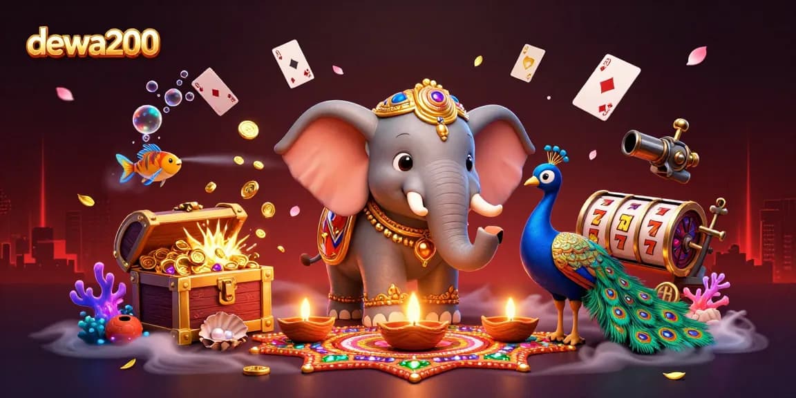 dewa200 menawarkan elemen kasino interaktif dengan gajah kartun dan hiasan ornamen.