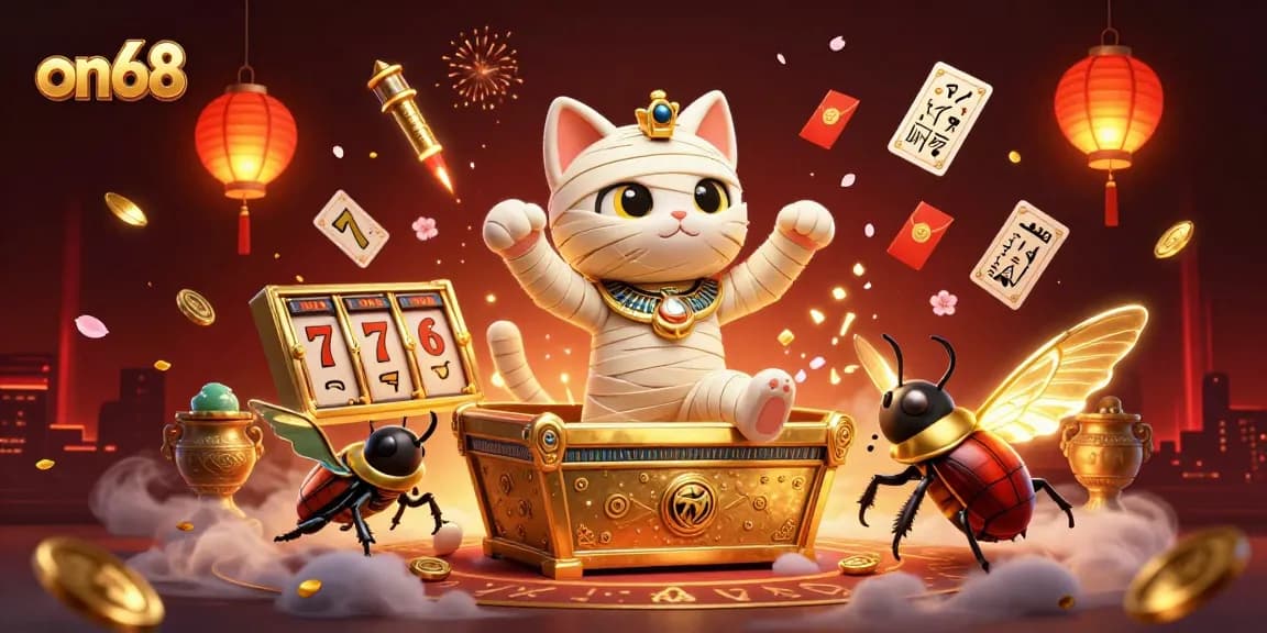 Experience thrilling action at on68 with a cartoon mummy cat and casino elements in vibrant 3D.