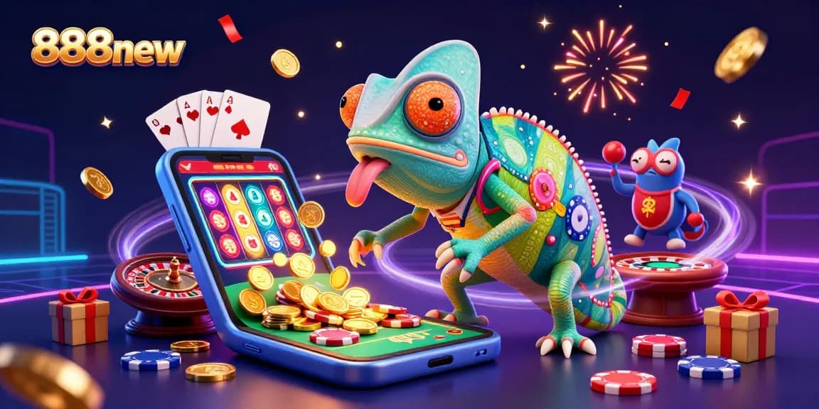 Level up your gambling experience with 888new's colorful 3D casino scene, highlighting thrilling games and rewards.