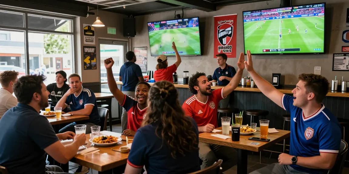 Excited fans enjoying koora live in a lively sports bar atmosphere