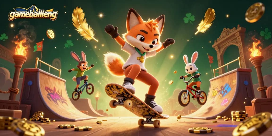 Experience thrilling gameplay with gamebailieng as the fox performs tricks over golden poker chips.