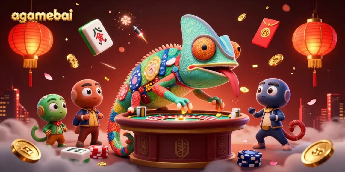 Experience thrilling gameplay at agamebai with an energetic chameleon casino owner amidst vibrant casino elements.
