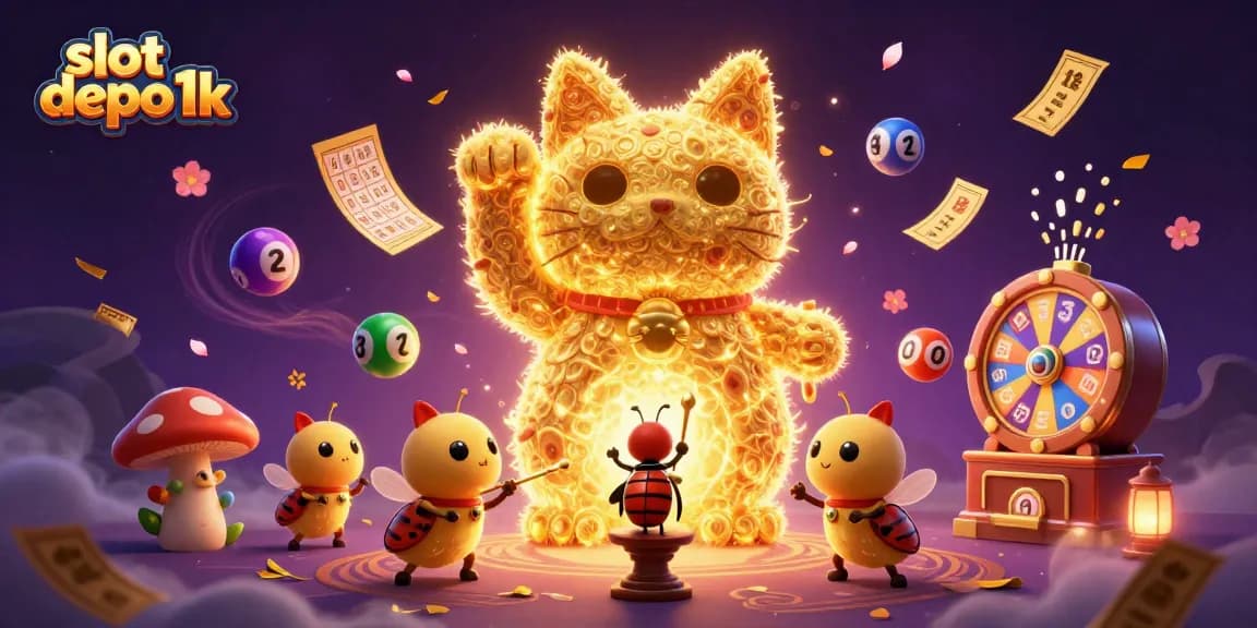 Menggali peluang slot depo 1k dengan gambar kucing keberuntungan dan elemen kasino yang menawan.