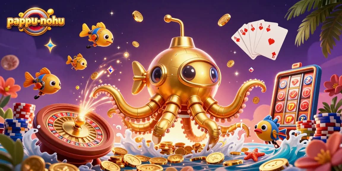 Pappu-nohu game showcasing a golden kraken submarine surrounded by cascading coins and vibrant casino elements.