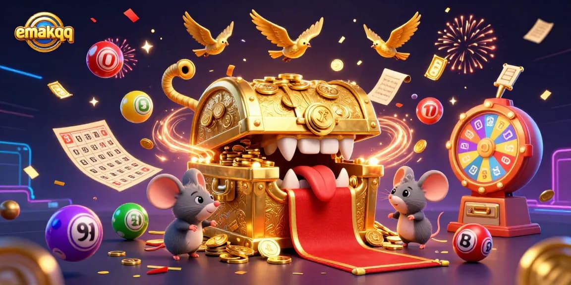 Experience exciting gameplay at emakqq with vibrant lottery balls, golden treasure, and sparkling confetti.