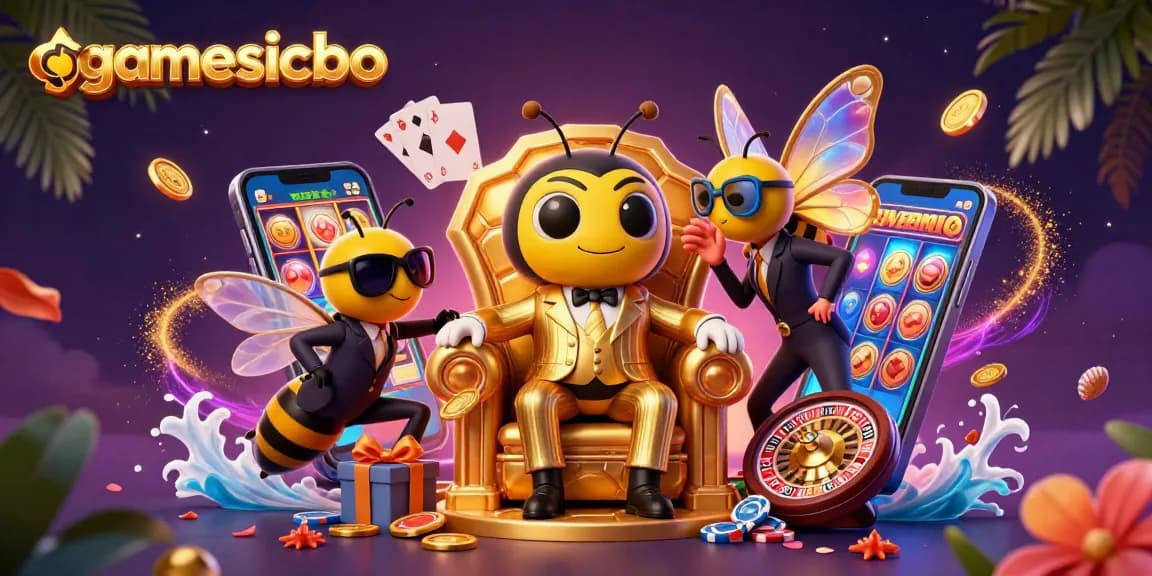Join the excitement of gamesicbo with a vibrant casino scene featuring animated characters and dynamic slot games.
