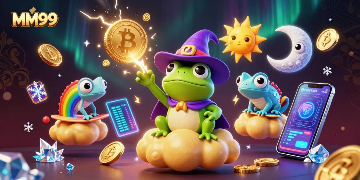 Join the excitement at MM99 as the wizard frog rains golden coins in this vibrant gambling illustration.