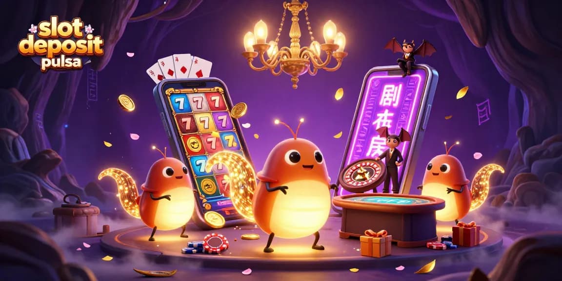 Raih kemenangan dengan slot deposit pulsa di casino penuh warna yang disinari kunang-kunang.