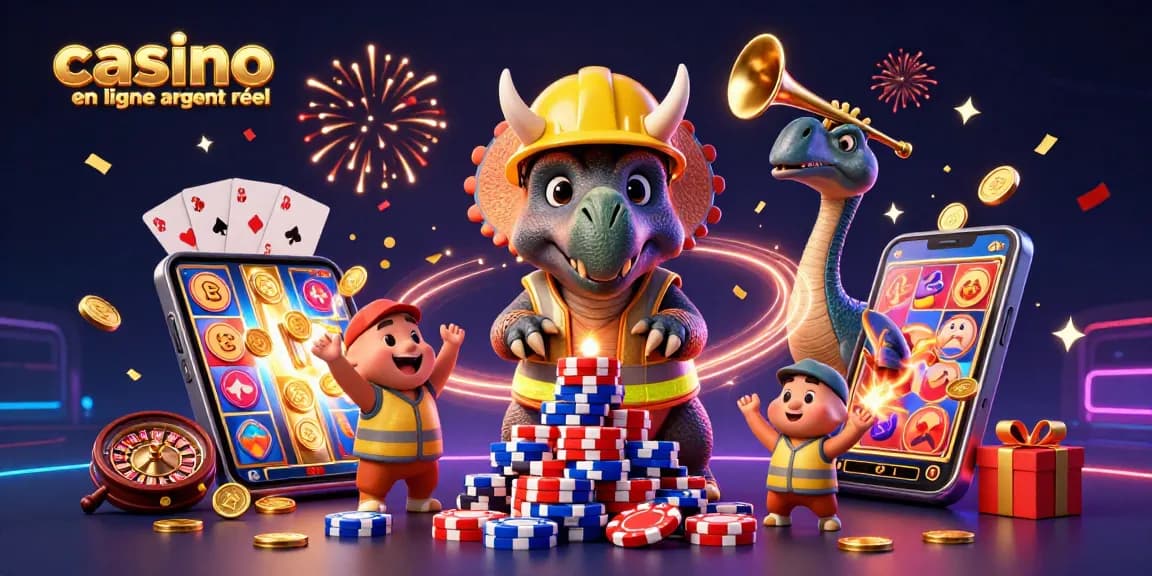 Jouer au casino en ligne argent réel avec des personnages de dinosaure et un smartphone générant des gains.
