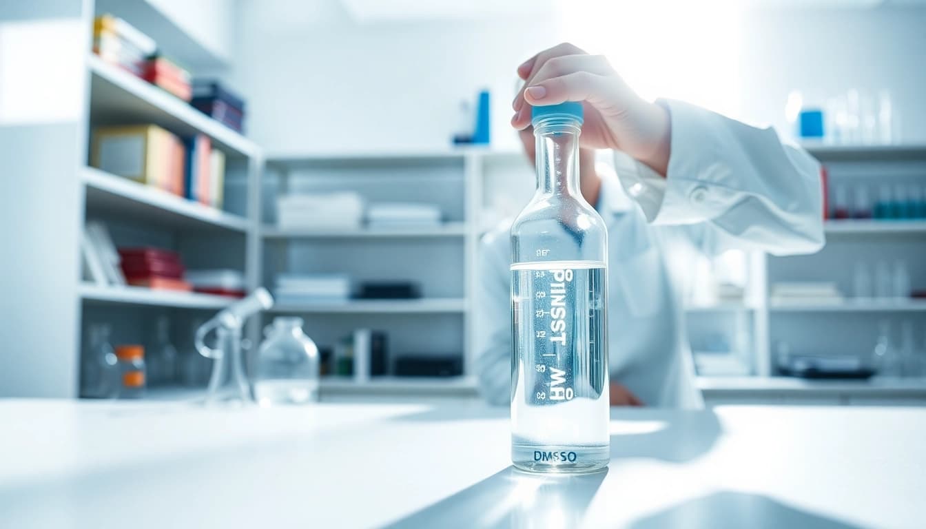 Analyze DMSO organic in a professional laboratory setting with a glass vial and equipment.